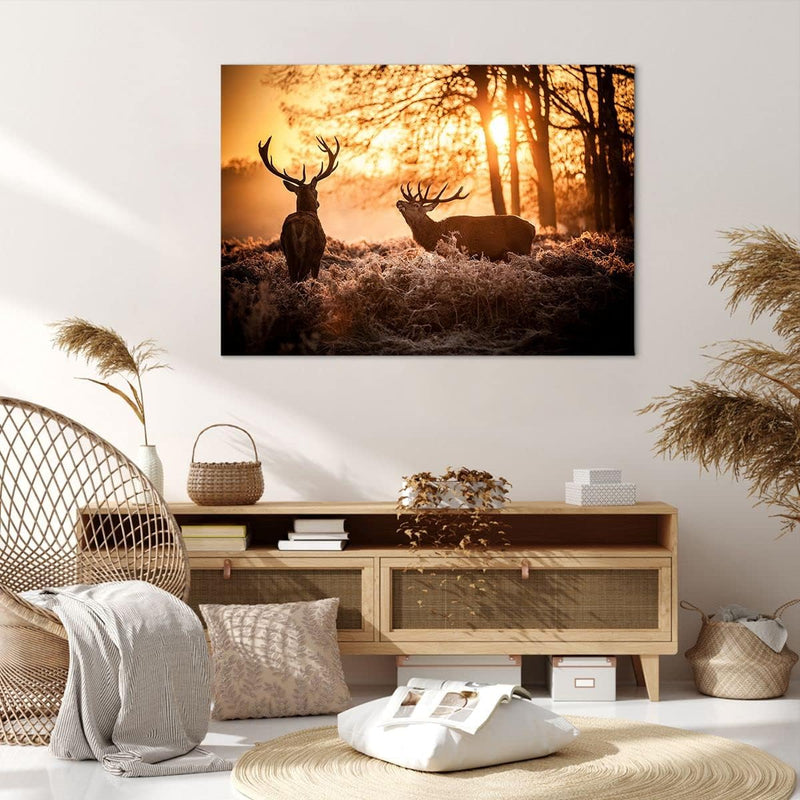 ARTTOR Bilder auf Leinwand 100x70cm Leinwandbild Deer Heidekraut Tier Gross Wanddeko Bild Schlafzimm