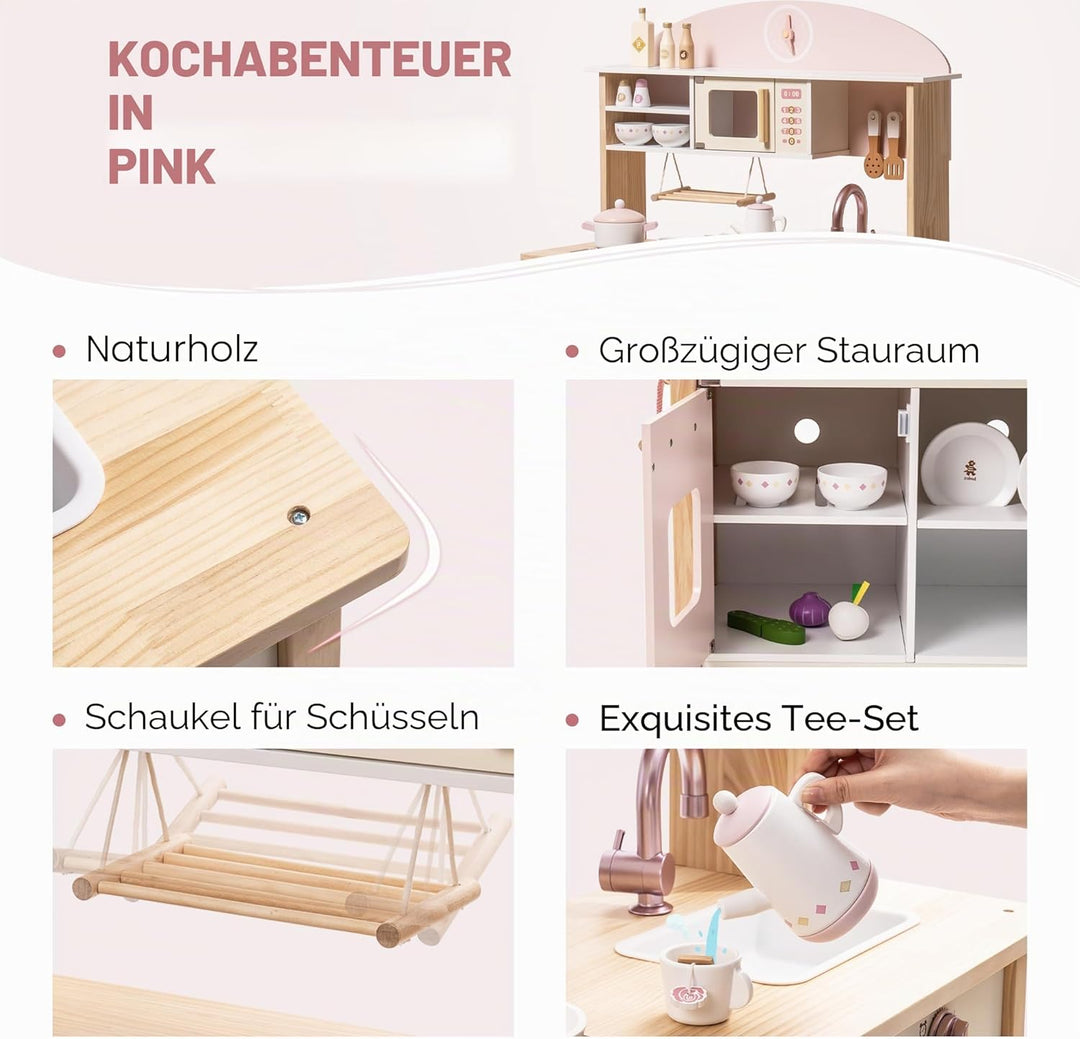 ROBUD Spielküche für Kinder Kleinkinder, Spielküche aus Holz mit realistischem Zubehör, Spielzeugküc