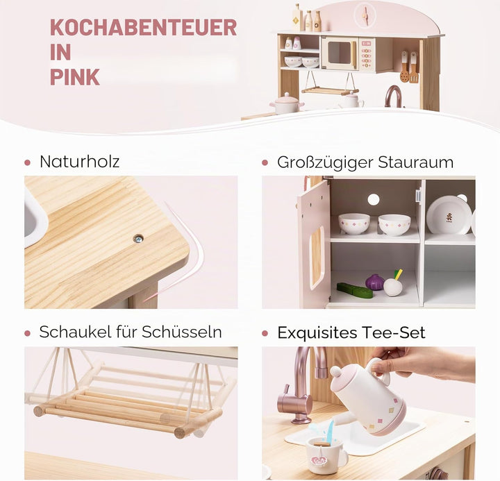 ROBUD Spielküche für Kinder Kleinkinder, Spielküche aus Holz mit realistischem Zubehör, Spielzeugküc
