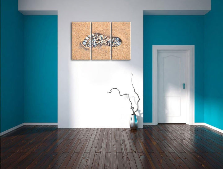 Pixxprint Fussabdruck im Sand Pinsel Effekt 3-Teiler Leinwandbild 120x80 Bild auf Leinwand