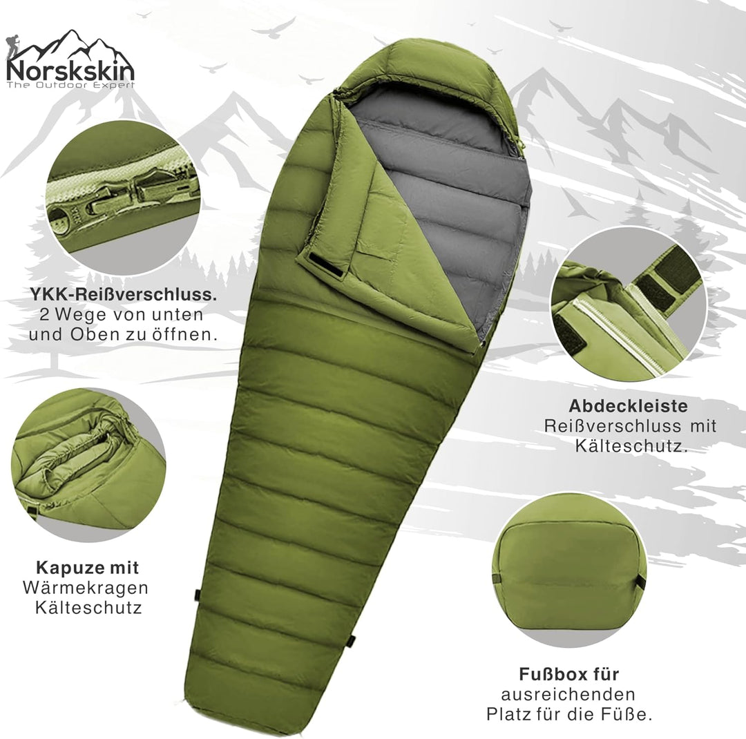 Mumienschlafsack Norskskin Ultralight 220 Grün Koppelbar Extrem - 6°C Schlafsack mit Kopfkissenfach