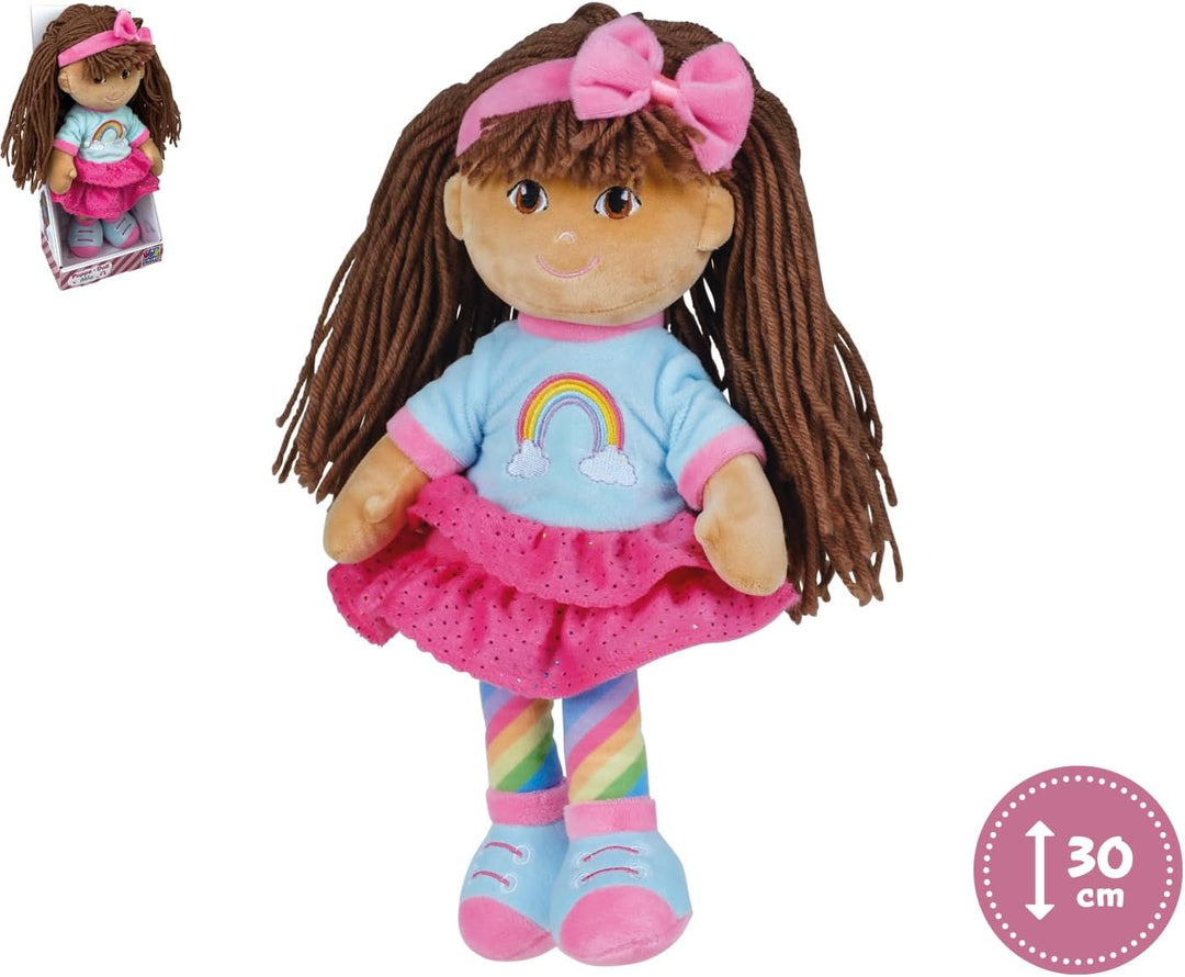 Schlenkerpuppe Mia, ca. 30 cm gross, Stoffpuppe mit Haarschleife und Outfit im Regenbogendesign, ges