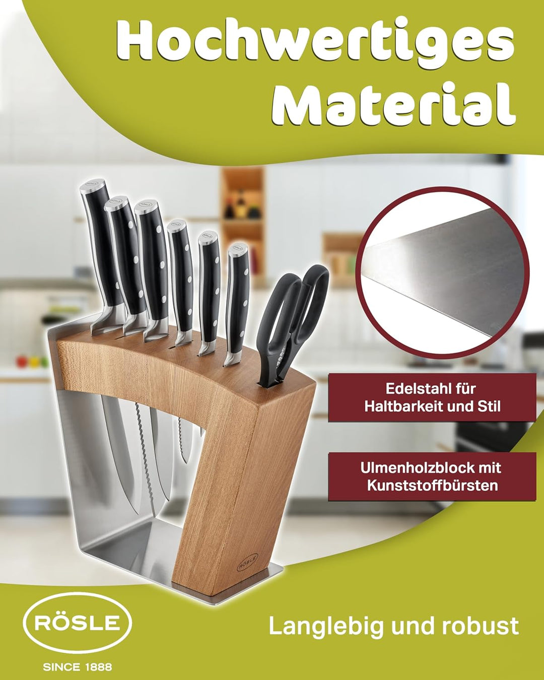 RÖSLE Messerblock MoveX, Hochwertiger Design-Messerblock aus Edelstahl und Ulmenholz, sichtbare Klin