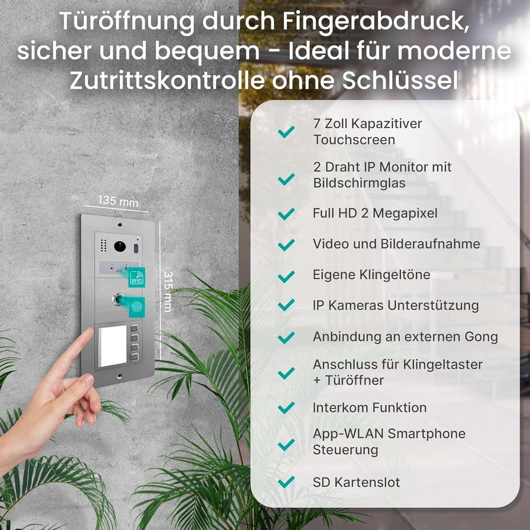 MATHFEL 1 Familienhaus 2 Draht Bus WLAN Video-Türsprechanlage, 2x7 Zoll Monitor mit Full HD 2 Megapi