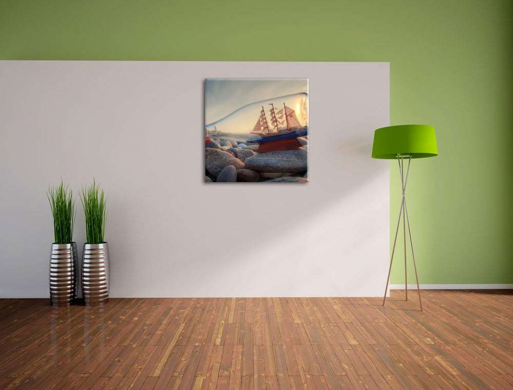 Flasche mit Schiff, Format: 70x70 auf Leinwand, XXL riesige Bilder fertig gerahmt mit Keilrahmen, Ku