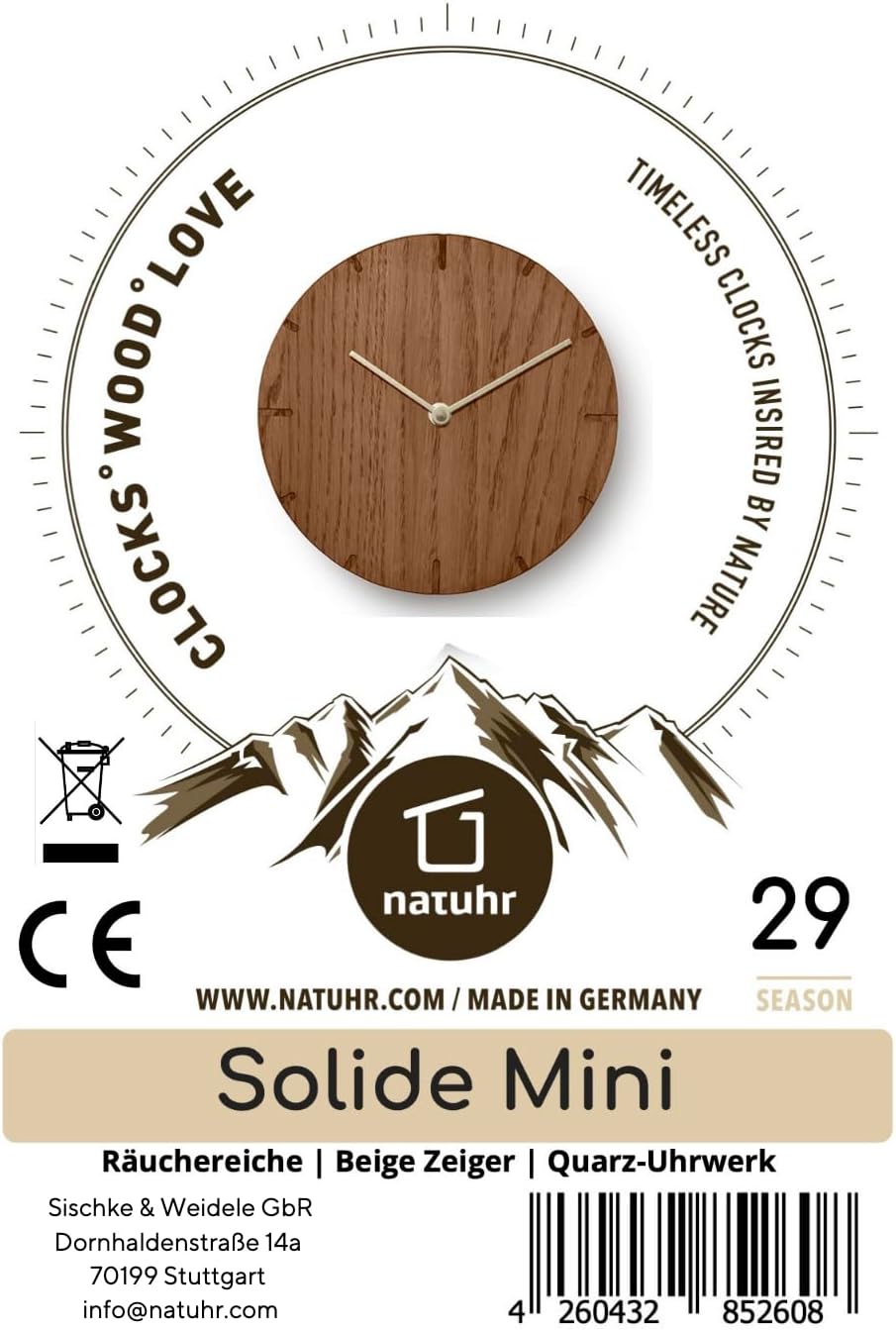 Natuhr Wanduhr Eiche rustikal Holz Solide 20 cm Mini Massivholz, geräuscharmes U.T.S. Uhrwerk (Räuch