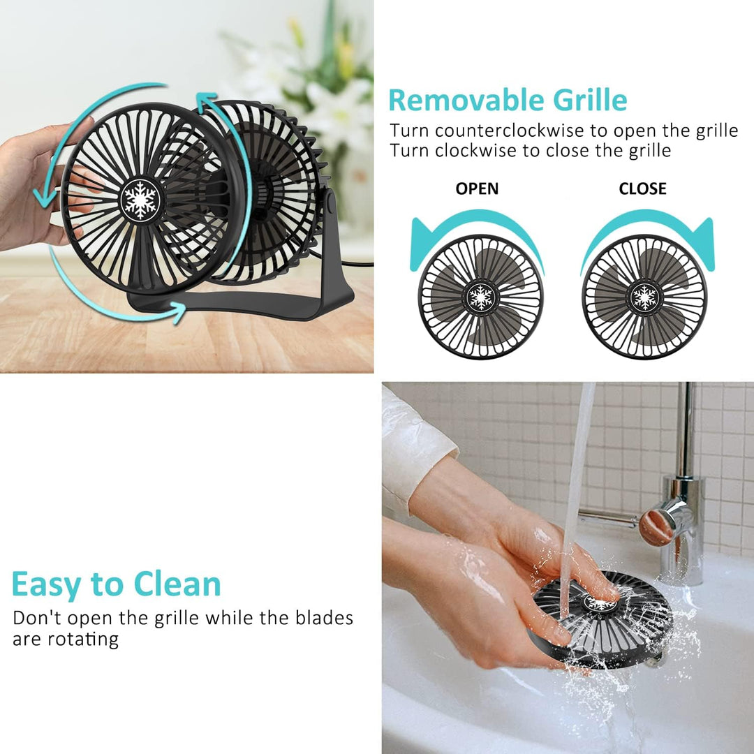 OUILA Mini Leise Ventilator, 3 Geschwindigkeitsstufen Tischventilator mit 1.2m USB Kable, 360°Drehei