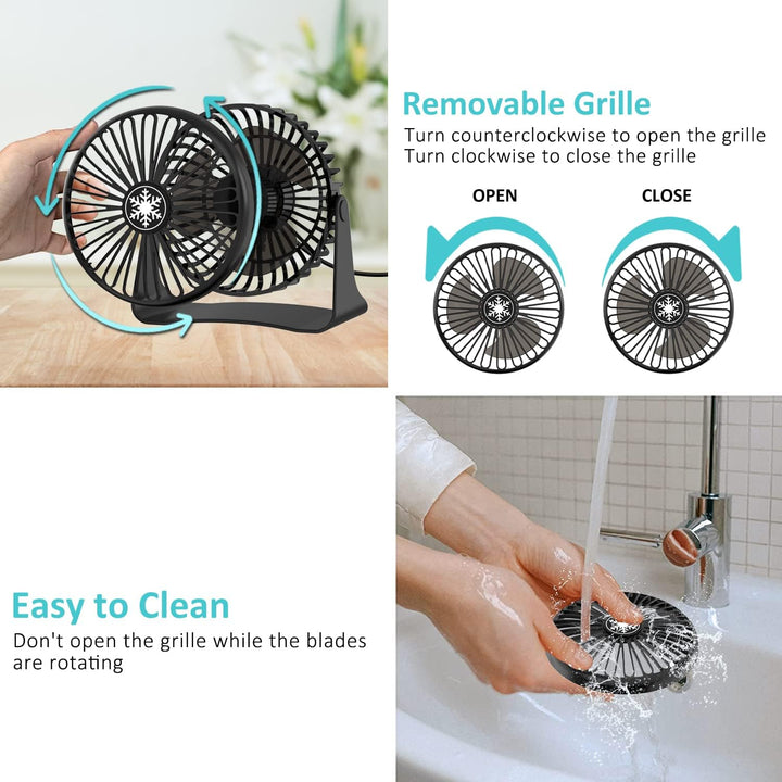 OUILA Mini Leise Ventilator, 3 Geschwindigkeitsstufen Tischventilator mit 1.2m USB Kable, 360°Drehei