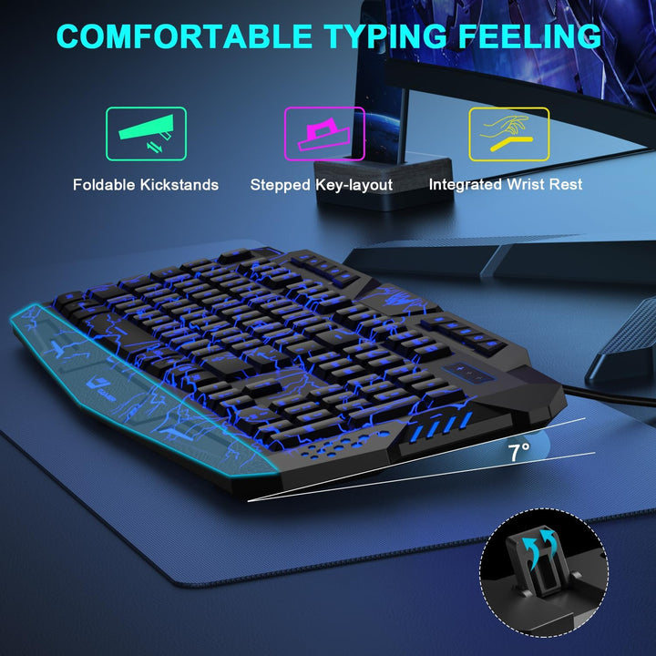 Gaming Tastatur und Maus Set mit Headset, QWERTZ DE Layout, Crack Beleuchtete Tastatur, 4 Farben LED