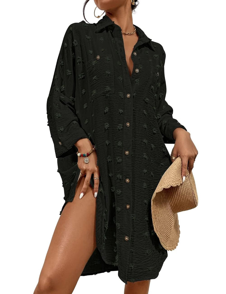 Bsubseach Badeanzug Coverup für Frauen Badeanzug Cover Up Button Down Shirt Kleider Swiss Dot Schwar