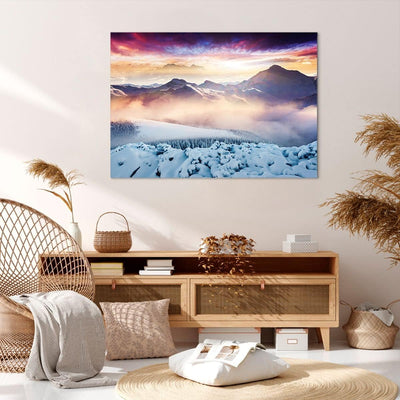 Bilder auf Leinwand 100x70cm Leinwandbild mit Rahmen Berge Schnee Winter Gross Wanddeko Bild Schlafz