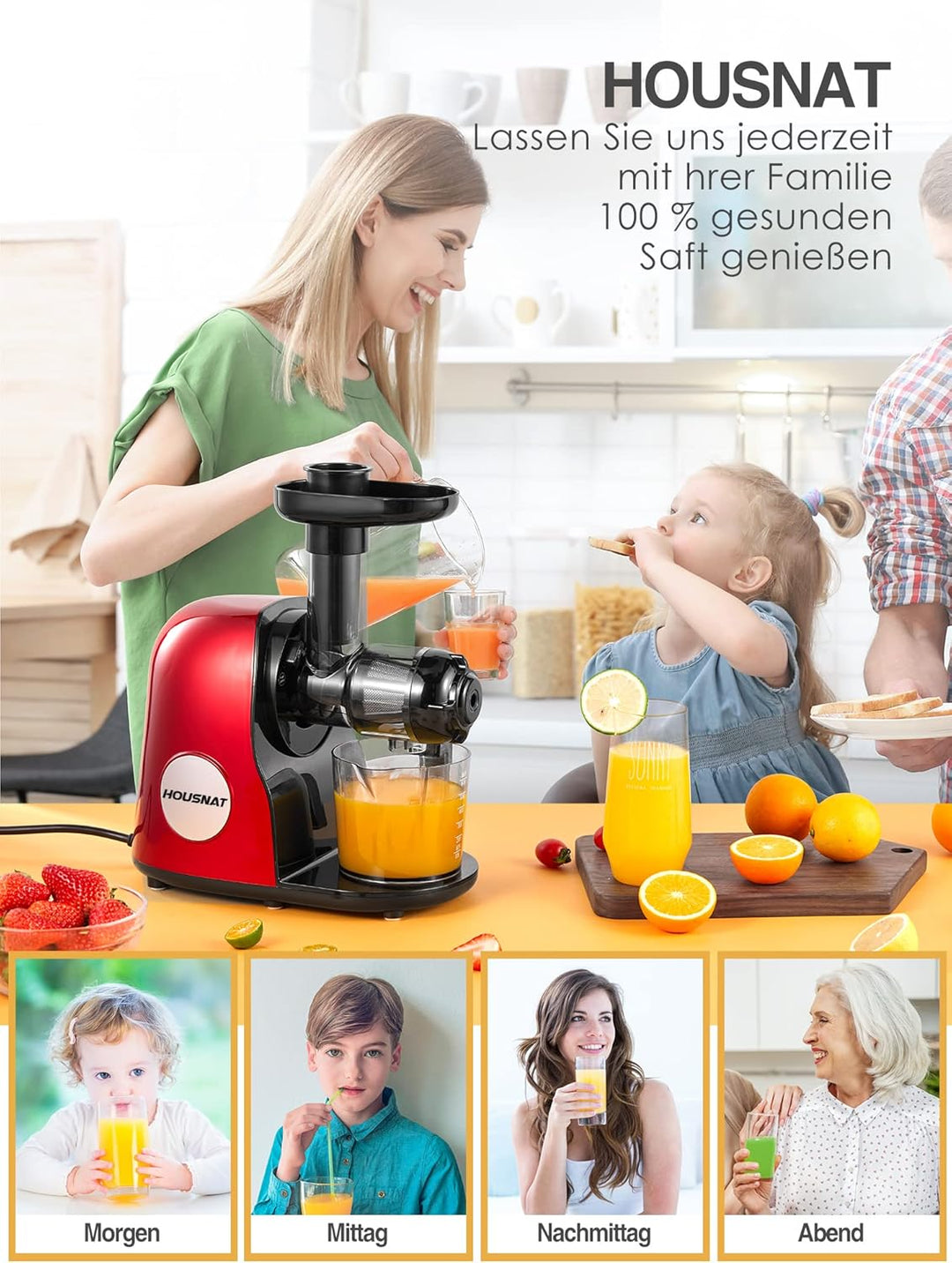 Slow Juicer Entsafter, HOUSNAT Entsafter Gemüse und Obst, Profi Entsafter mit Ruhigem Motor │Umkehrf