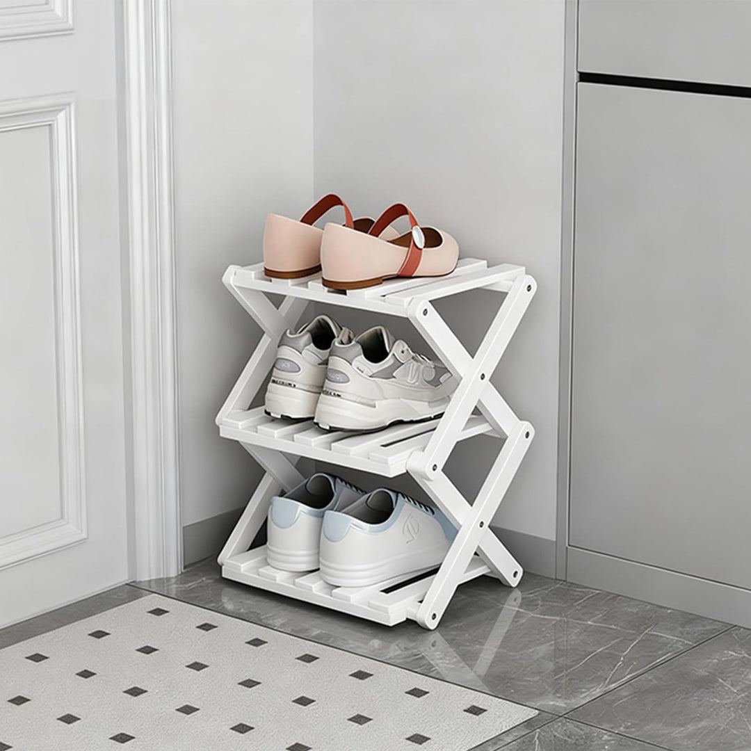 Kleines Schuhregal, weiss, 3 Etagen, Bambus, faltbar, Schuh-Organizer, freistehendes Regal für Einga