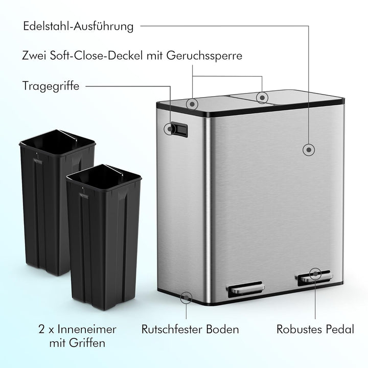 VonHaus Mülleimer Küche 2 Fächer, 60L Doppelmülleimer Recycling Mülltrennsystem – Abfalleimer Biomül