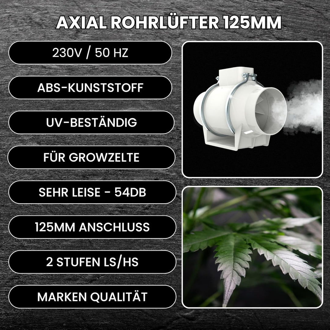 125mm Turboventilator 240m³/h Rohrventilator regelbar mit Ein Ausschalter und Kabel leise Rohrlüfter