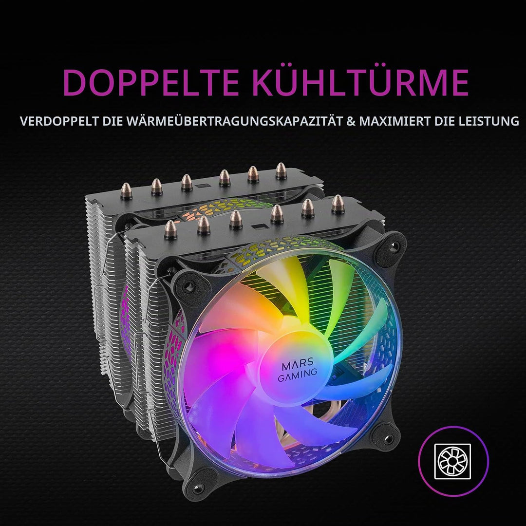 Mars Gaming MCPU-XT Schwarz, CPU Kühlkörper, Dual Tower Kühlung, 6 HCT Heatpipes, TDP 300W, 2 ARGB P