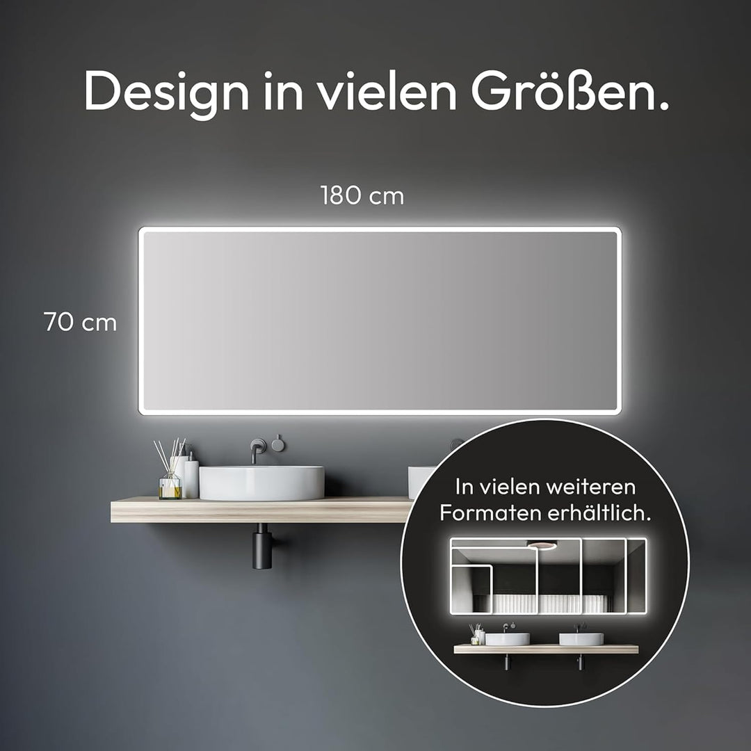 Talos Badspiegel mit Beleuchtung Moon - Badezimmerspiegel 180 x 70 cm - mit umlaufenden Raumlicht -