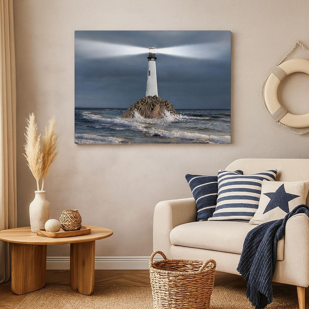 Bilder auf Leinwand 100x70cm Leinwandbild mit Rahmen Leuchtturm Meer Gross Wanddeko Bild Schlafzimme