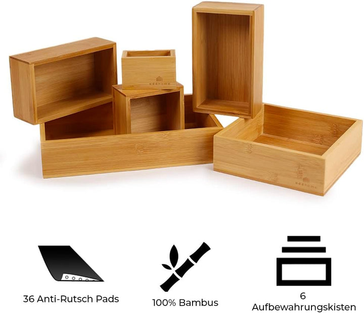 addhome Bambus Schubladen Organizer | 6 Schubladenboxen für vielseitige Anwendungsbereiche | praktis