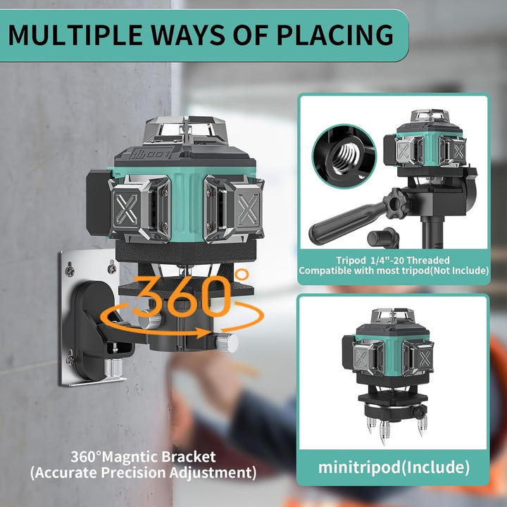 Kreuzlinienlaser Grün 4x360°, Laser Wasserwaage 16 Linien, Baulaser Kreuzlaser Linienlaser Selbstniv
