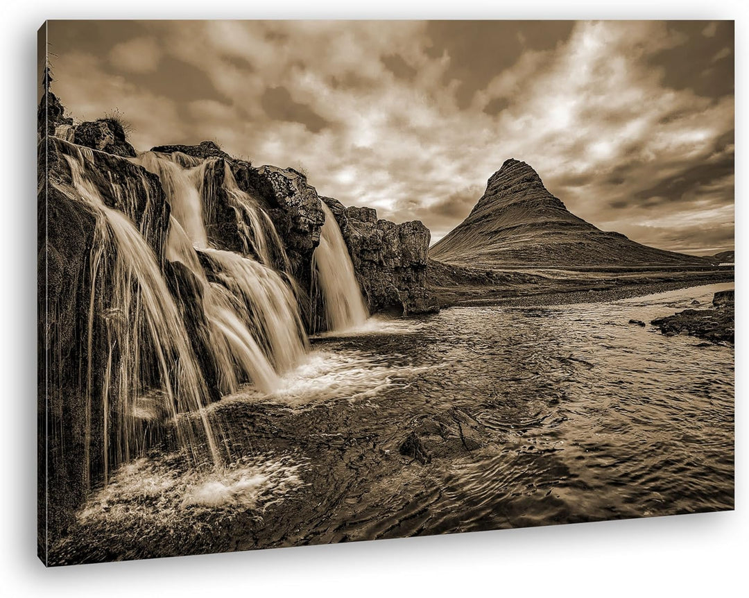deyoli atemberaubende Wasserfälle in Island Format: 80x60 Effekt: Sepia als Leinwand, Motiv fertig g