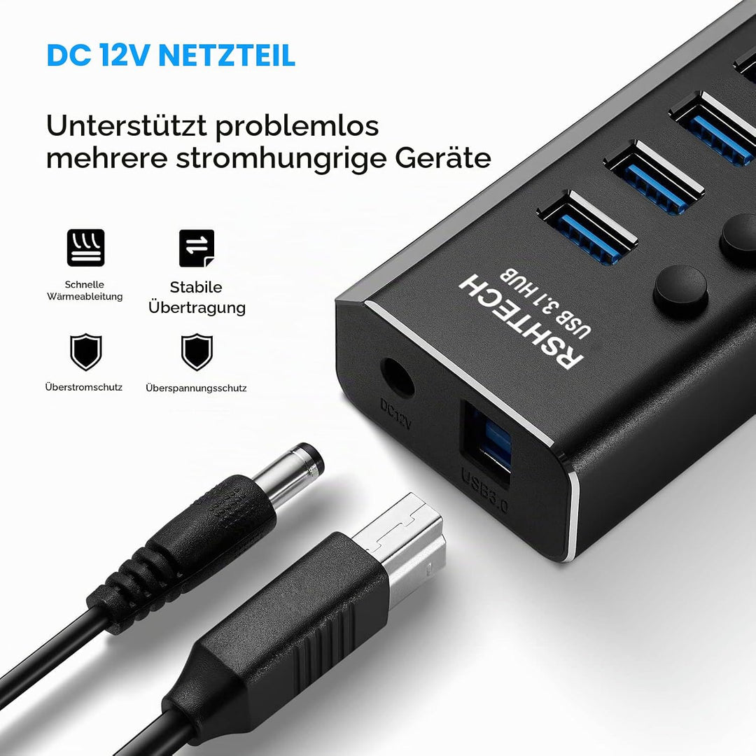 RSHTECH USB Hub 3.2 Aktiv mit Netzteil (72W 12V/6A), 2-in-1 Datenkabel (Typ-C&amp;Typ A) und 13*10Gbps U