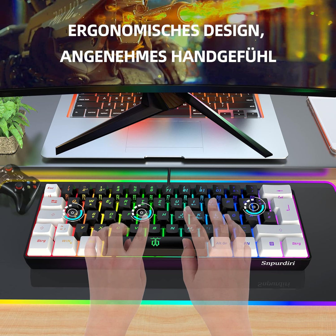 Snpurdiri 60% kabelgebundene Gaming-Tastatur, kleine, tragbare kompakte RGB-Tastatur für PC, Mac, Bü