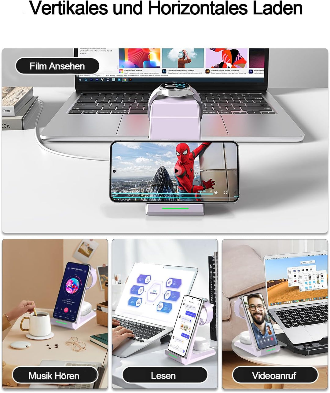Induktive Ladestation für Samsung，ADADPU Kabelloses Ladegerät 3 in 1 Kompatibel für Galaxy Watch 7/6