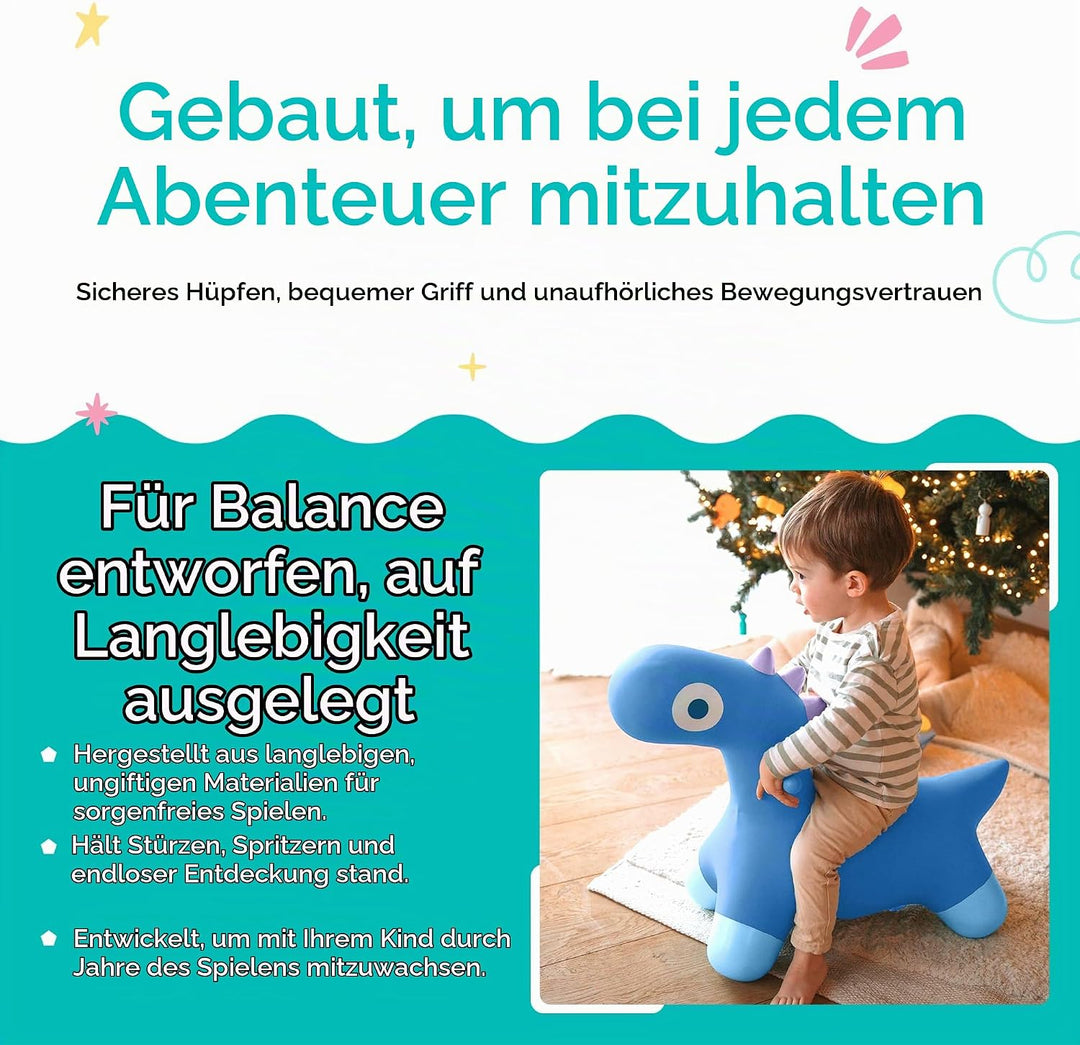 Quut - Hoppi Dino Springen – aufblasbares Springspielzeug – Aussen und Innen – Design – inklusive Pu