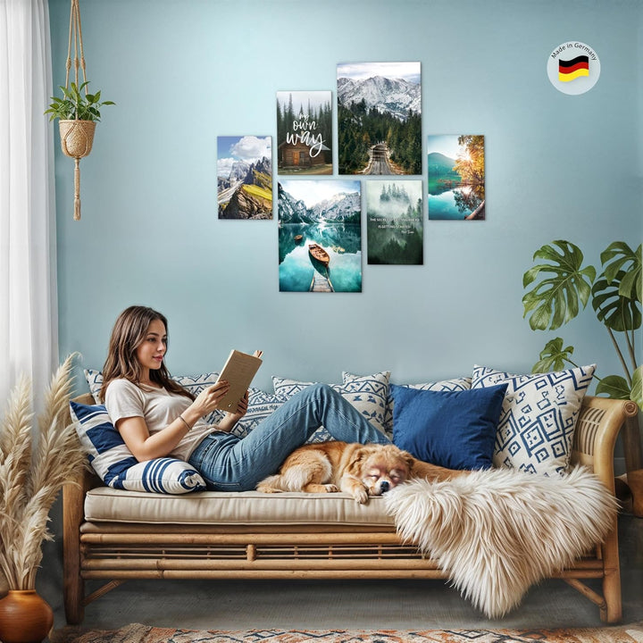 Novart Wandbilder Set AUFHÄNGFERTIG Natur Berge See Landschaft - Modern Deko Blau Grün - Wohnzimmer
