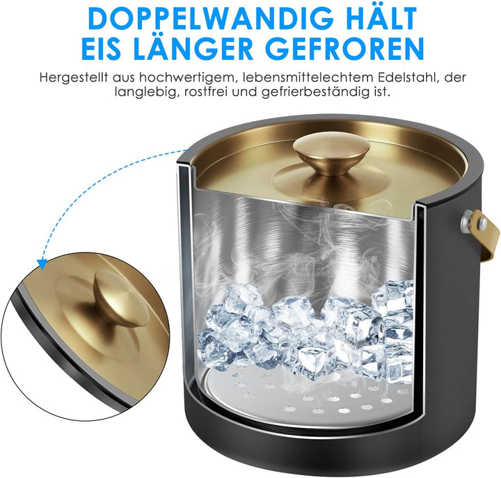 3.2L Eiswürfelbehälter mit Deckel und Schaufel, Edelstahl Eiskübel Doppelwandiger Isolierter Eisbehä