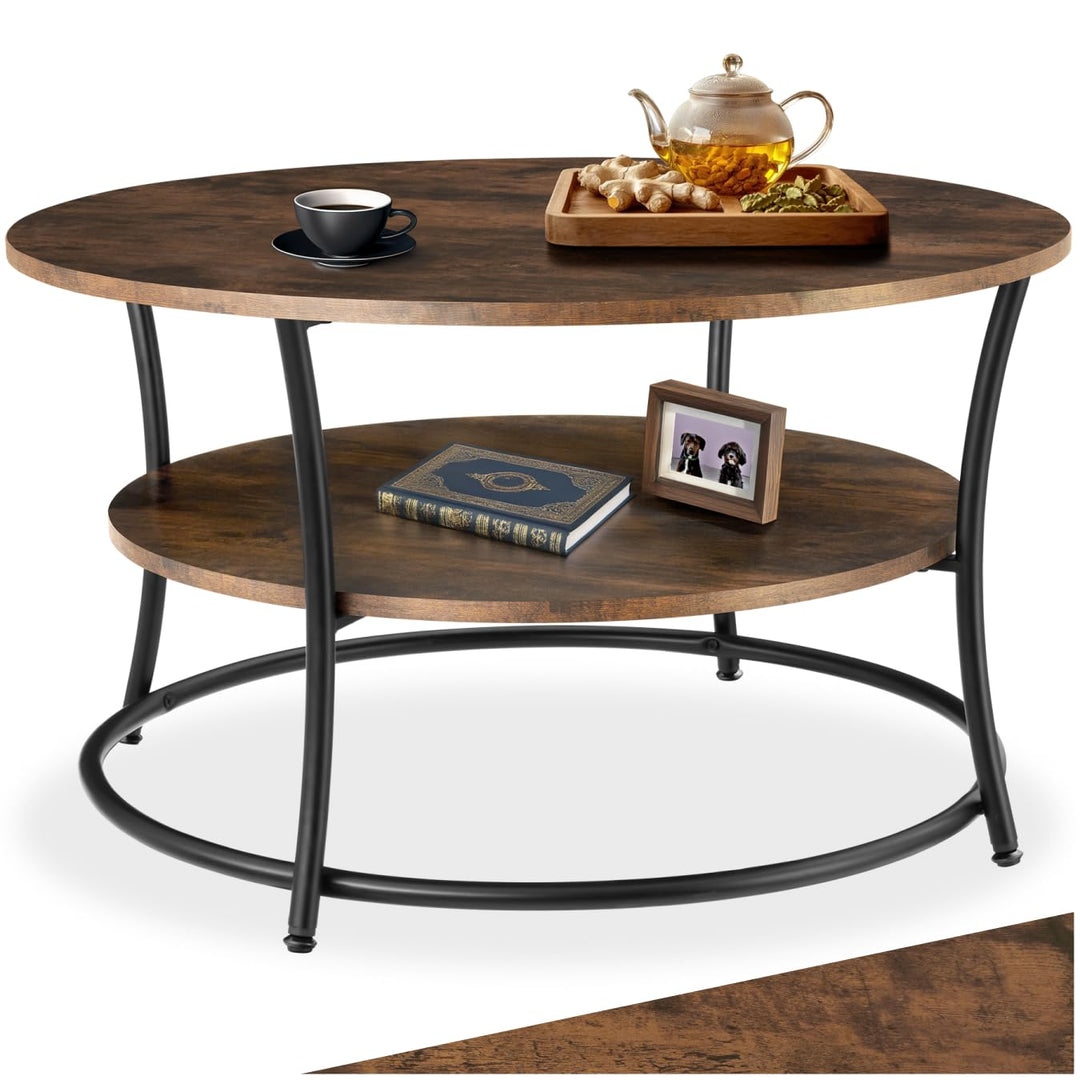 tectake® Tisch rund, 2 Ablagen, Wohnzimmertisch Ø 80, Couchtisch mit Stauraum, Beistelltisch Holz un