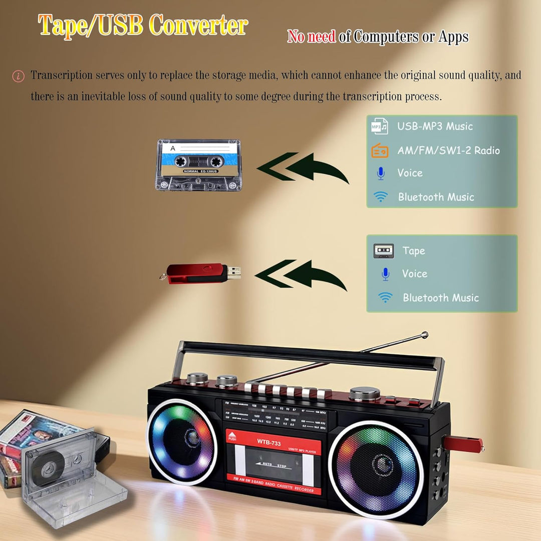 Retro 80er Kassettenrecorder Boombox mit Bluetooth, AM/FM/KW Radio, USB-Aufnahme, Kopfhöreranschluss