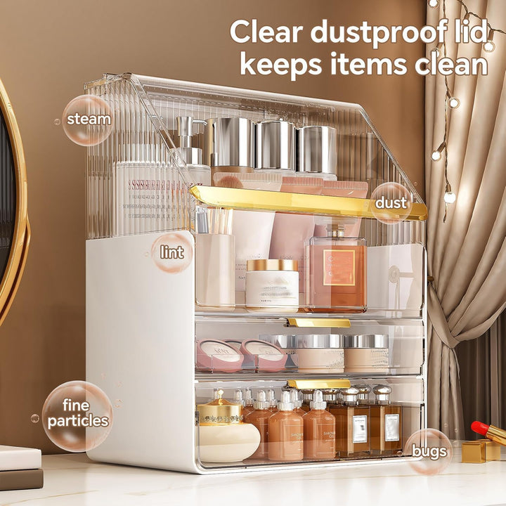 Grosse Make-up-Aufbewahrungsbox, 3-stöckig – Kosmetik-Organizer für die Theke mit Deckel, Schminktis