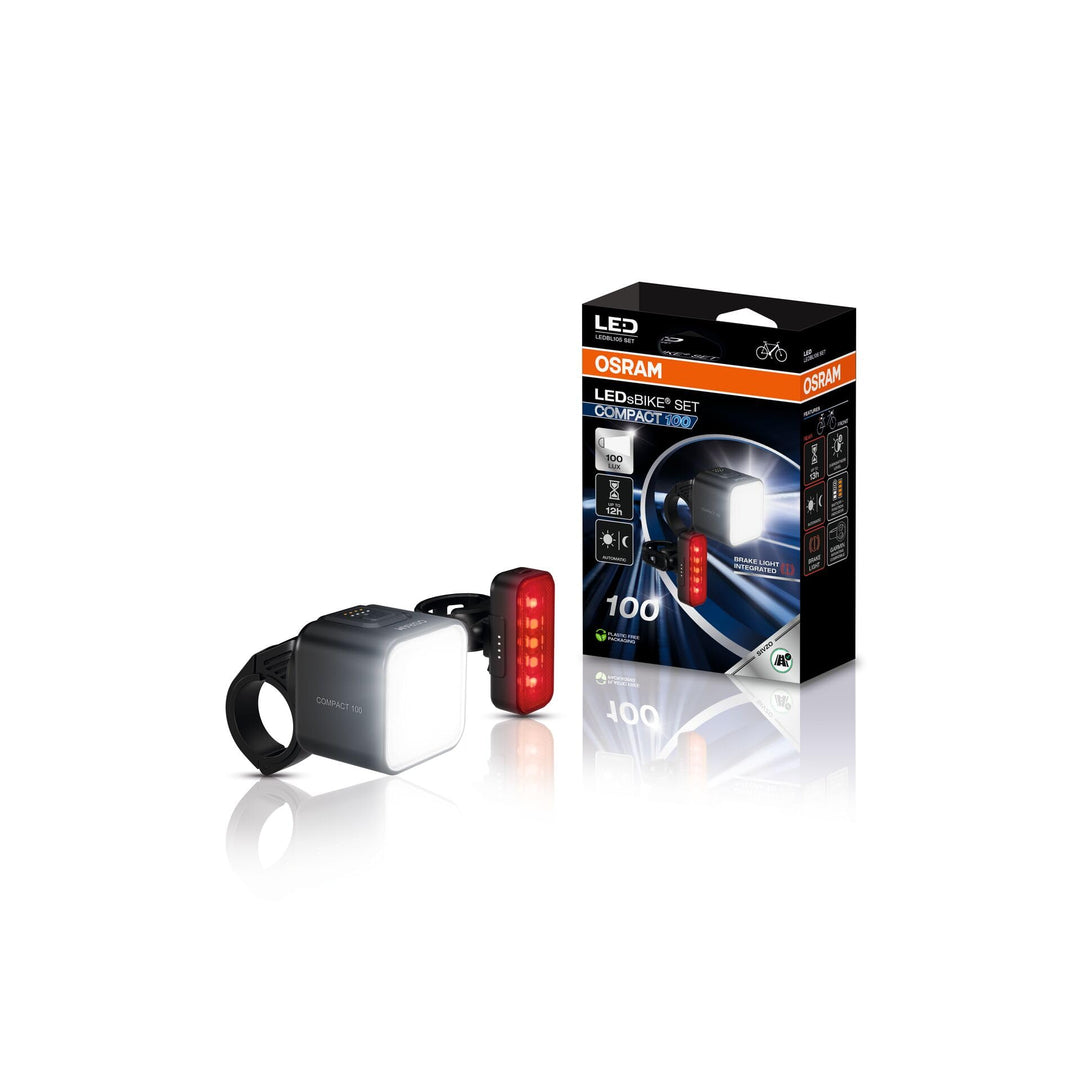 OSRAM LEDsBIKE COMPACT 100 Set, wiederaufladbares Fahrradlicht-Set – Vorder- und Rücklicht, mit Brem