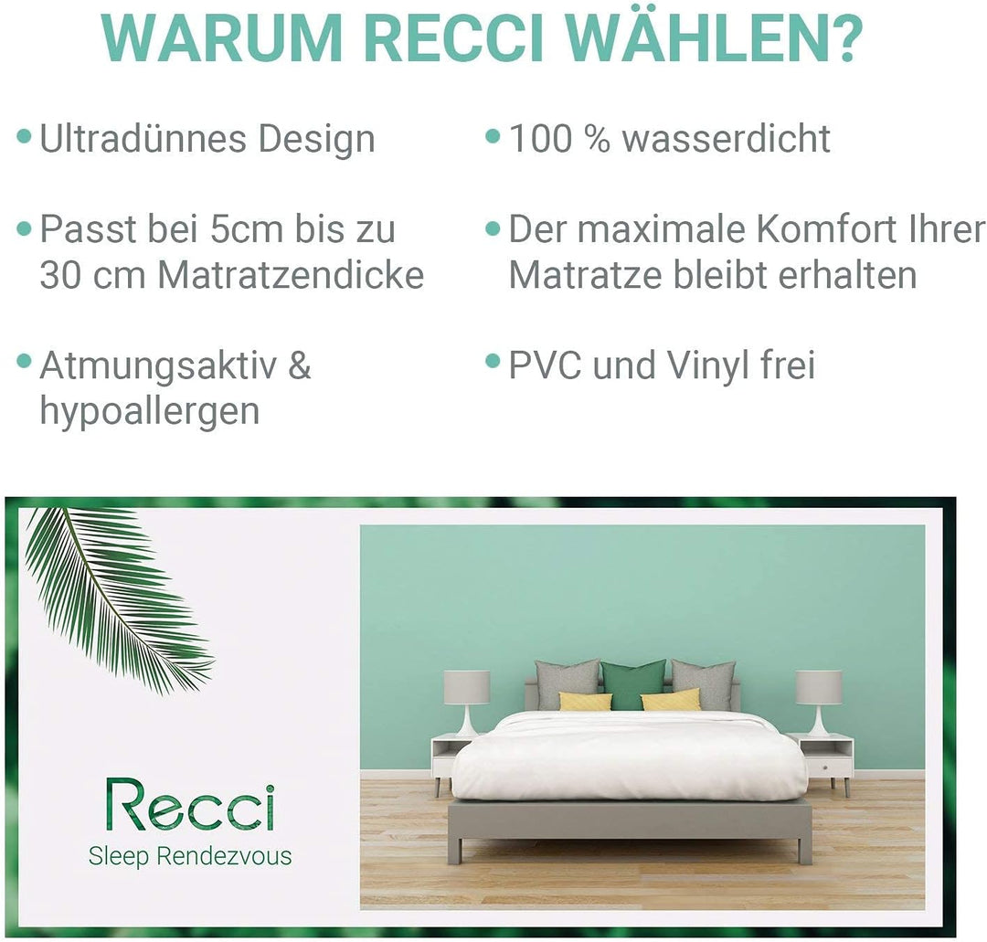 RECCI Wasserdichter Matratzenschoner 140 x 200 cm, Anti-Milben und -Bakterien Matratzenauflage, masc