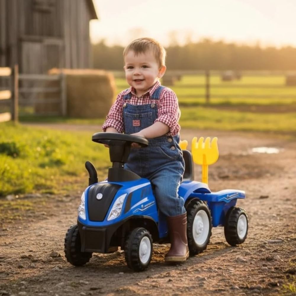 Bandits & Angels Bobbycar Rutschauto New Holland Traktor mit Anhänger ab 1 Jahr – mit funktionierend