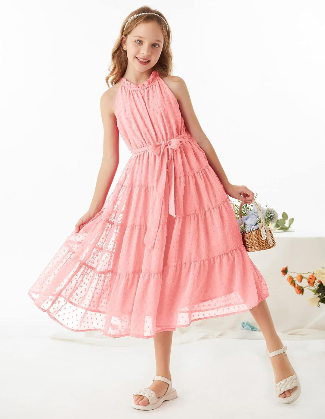 GRACE KARIN Mädchen Prinzessin Kleider Neckholder Swiss Dot Kleid A-Linie Maxikleid Casual Party Fes