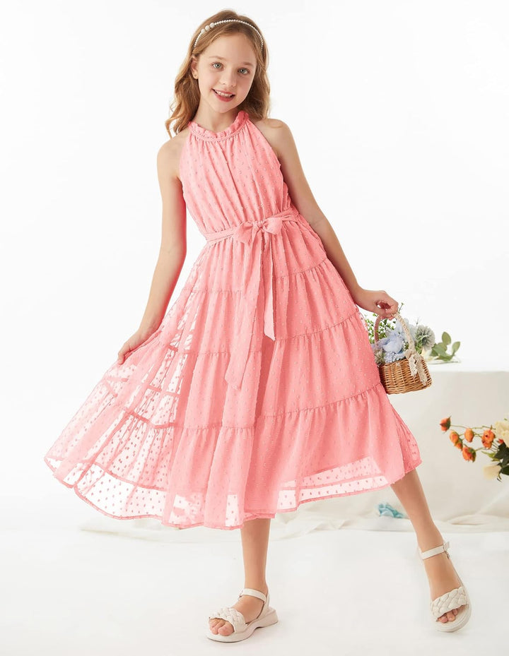 GRACE KARIN Mädchen Prinzessin Kleider Neckholder Swiss Dot Kleid A-Linie Maxikleid Casual Party Fes