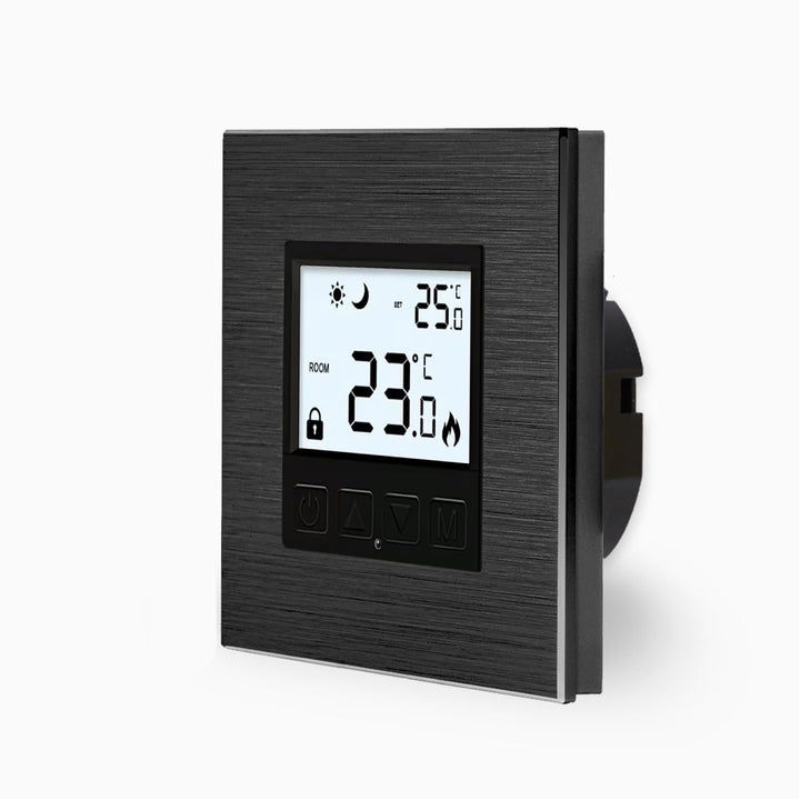 Luxus Time Programmierbares Raumthermostat Schwarz – Glas Aluminium Rahmen Externer Sensor Wasserfüh