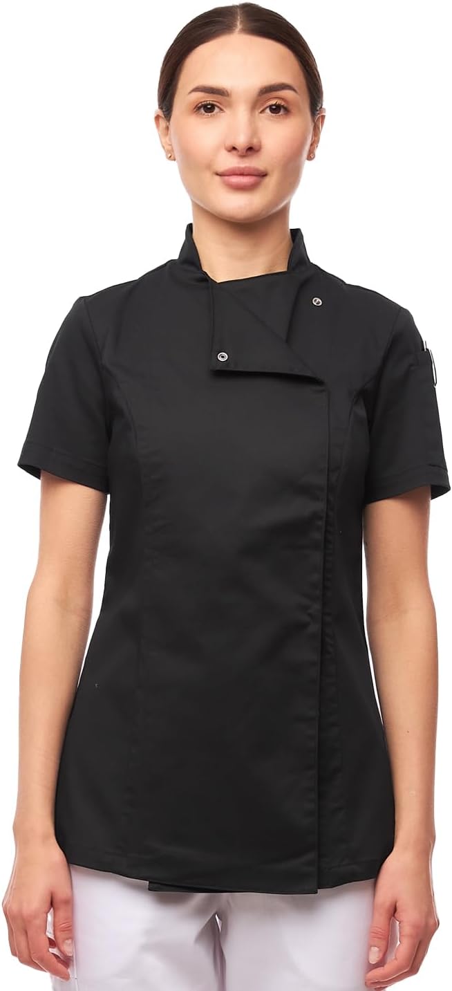 strongAnt Kochjacke Damen kurzarm Stretch mit Druckknöpfen oder Reissverschluss Kochuniform S Schwar