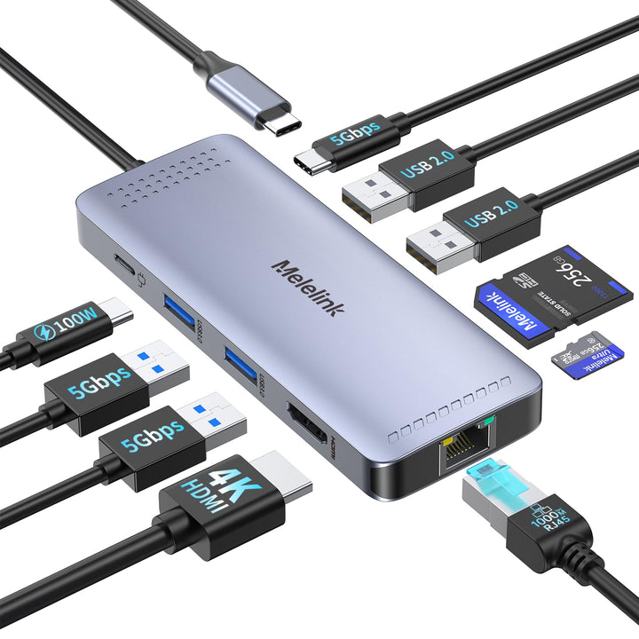 USB C Hub Ethernet, 10 in 1 Dock USB-C Adapter mit 4K 60Hz HDMI, LAN RJ45, PD 100W, 5X USB-A/C Ports