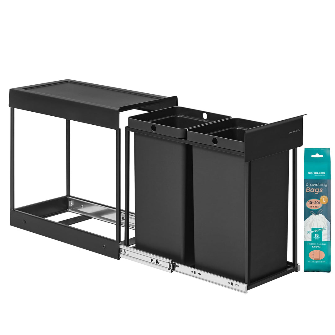 SONGMICS Mülleimer küche, Mülltrennsystem für Unterschrank, 2 x 15 L, Abfalleimer 2 Fächer, ausziehb
