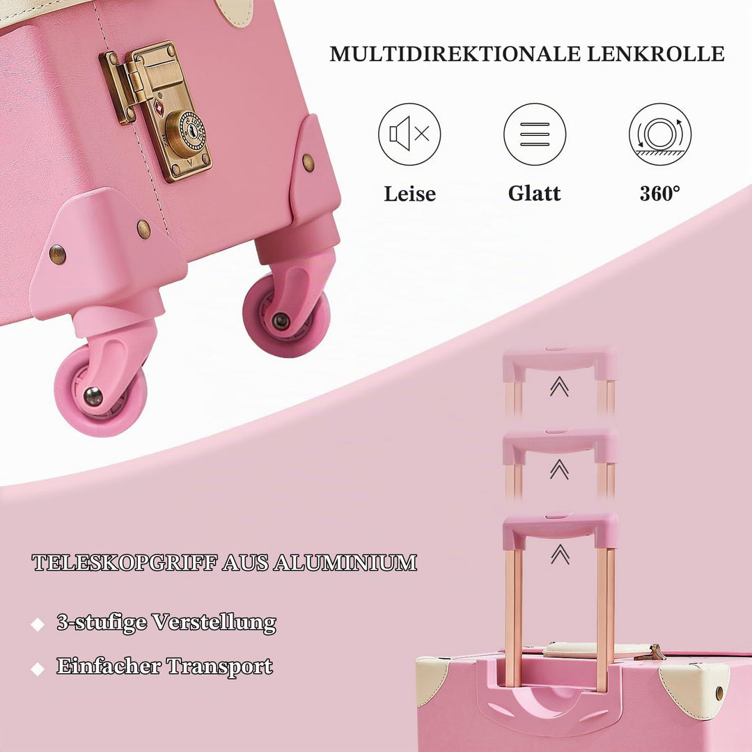 Unitravel Vintage Koffer Set 2 Teilig, Retro PU-Leder Handgepäck Koffer mit Kosmetikkoffer, Hell Ros