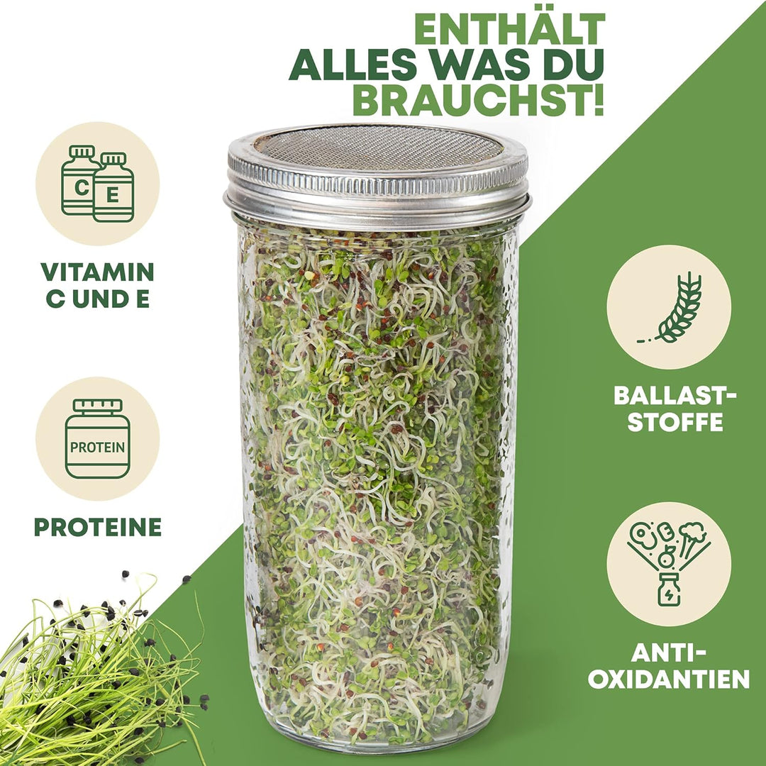 Cressery® Sprossenglas Keimglas 3er Set [grau] mit Deckel &amp; Sieb aus hochwertigem Edelstahl für Spro