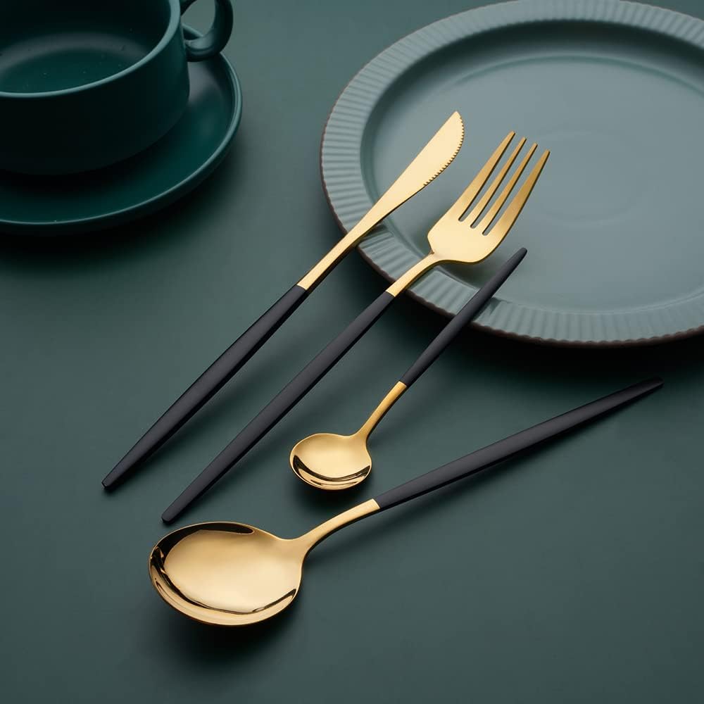 OUQIWEN16 Stück Besteck Schwarz Gold,Edelstahl Besteckset,Einschliesslich Steakmesser/Tafelgabeln/Su