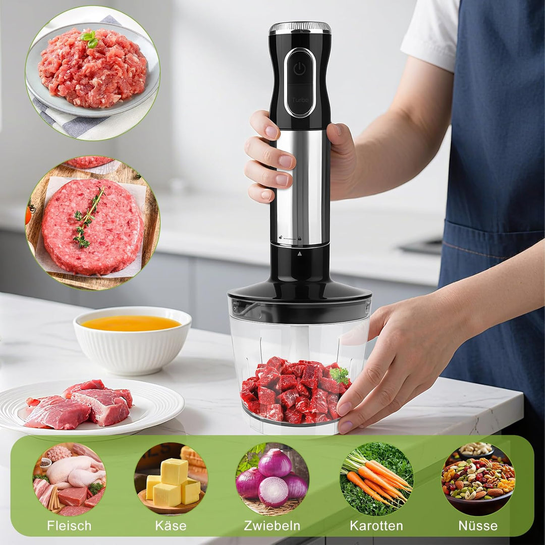 Dreamhigh® 4-in-1 Elektrische Stabmixer Set, 1000W Purierstab mit 12 Geschwindigkeiten & TURBO, inkl