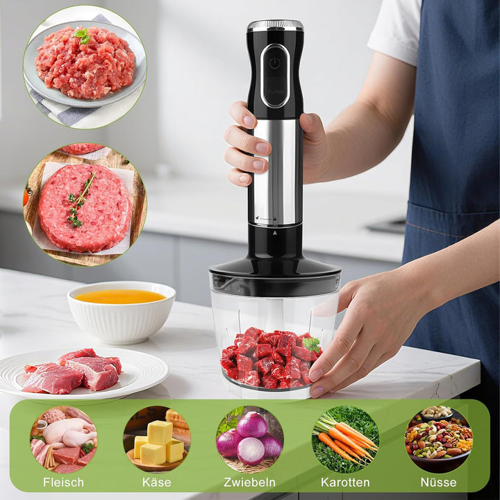 Dreamhigh® 4-in-1 Elektrische Stabmixer Set, 1000W Purierstab mit 12 Geschwindigkeiten & TURBO, inkl