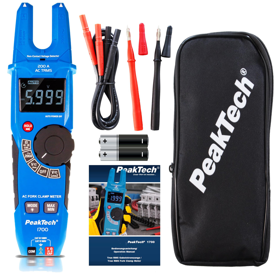 PeakTech 1700 – TRUE RMS Gabelstromzange 200 A AC, Spannungsdetektor mit LCD Anzeige, Gabelförmiges