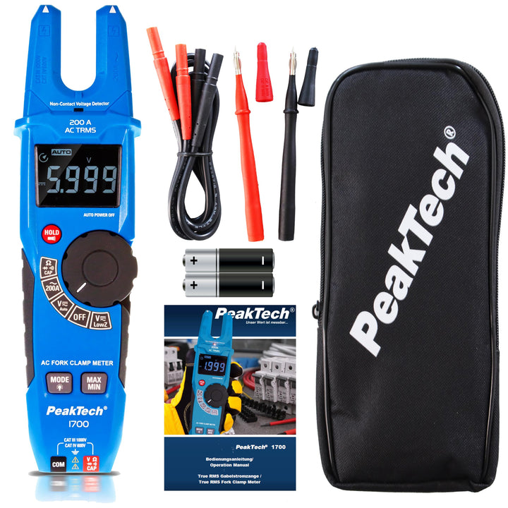 PeakTech 1700 – TRUE RMS Gabelstromzange 200 A AC, Spannungsdetektor mit LCD Anzeige, Gabelförmiges